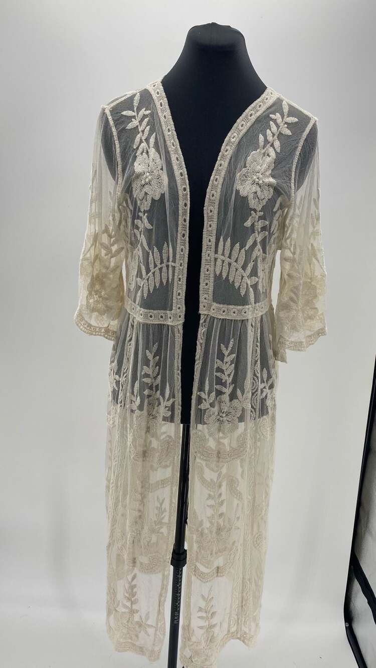 Rachel Zoe Cream Embroidered Lace Mesh Longline Kimono Cover-up